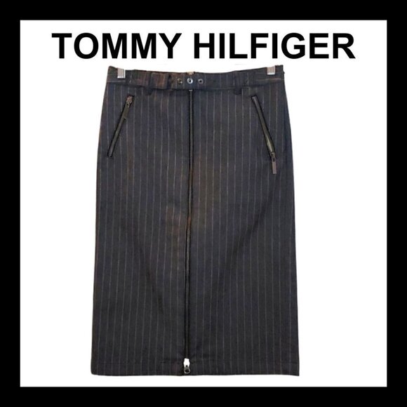 TOMMY HILFIGER Stripes full front zipper denim pencil skirt - Picture 1 of 10